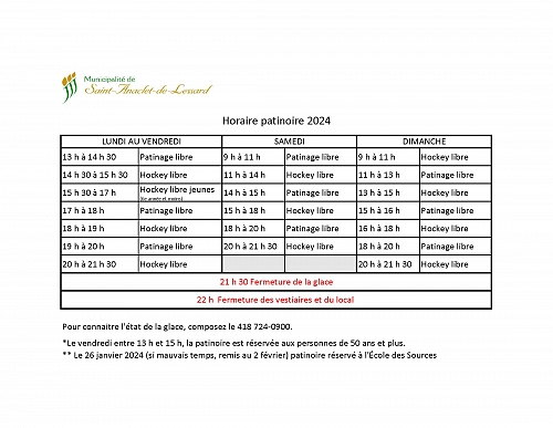 Horaire patinoire 2024