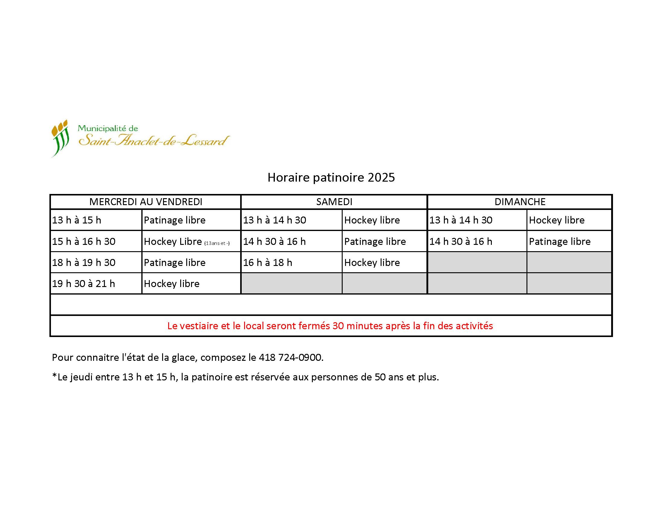 Horaire de la patinoire